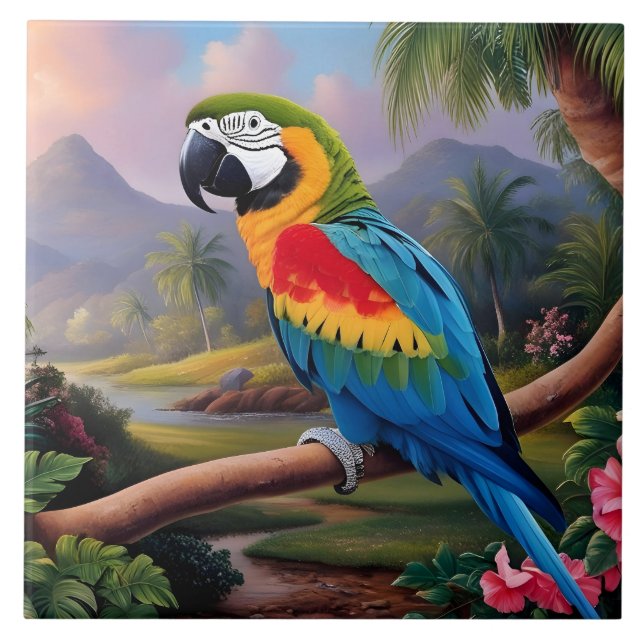 Colorful Exotic Parrot Bird on the Branch  Fliese (Vorderseite)