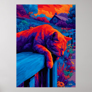 Colorful Expressionist Garden Cat Wall Art Poster