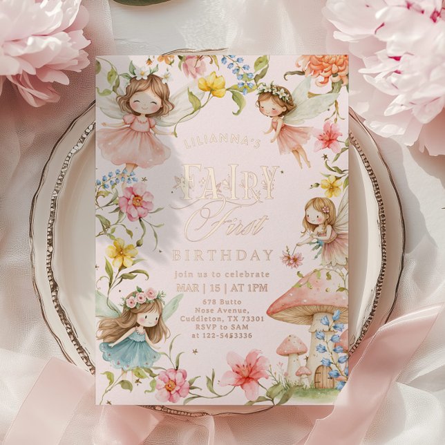 Colorful Fairy First Birthday Enchanted garden Folieneinladung (Von Creator hochgeladen)