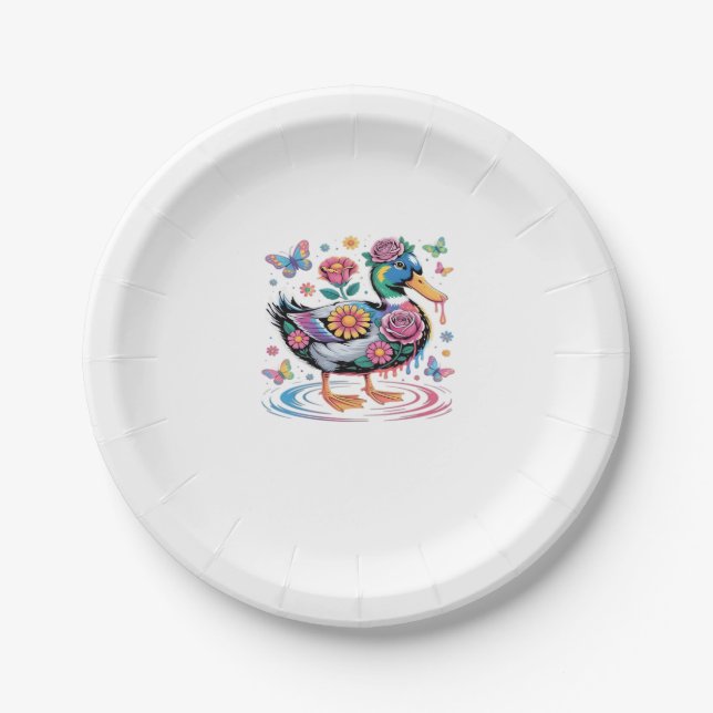 Colorful Fantasy Duck with Flowers and Butterflies Pappteller (Vorderseite)