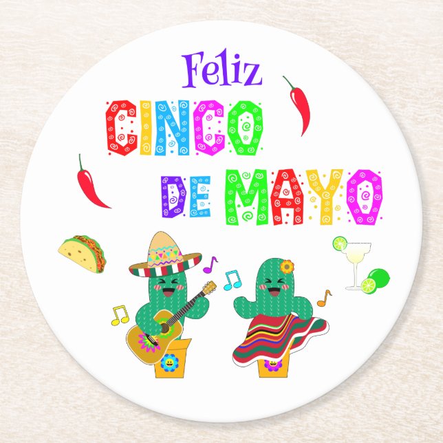 Colorful Festival Cinco de Mayo 2025 Tanzkaktus Runder Pappuntersetzer (Vorderseite)