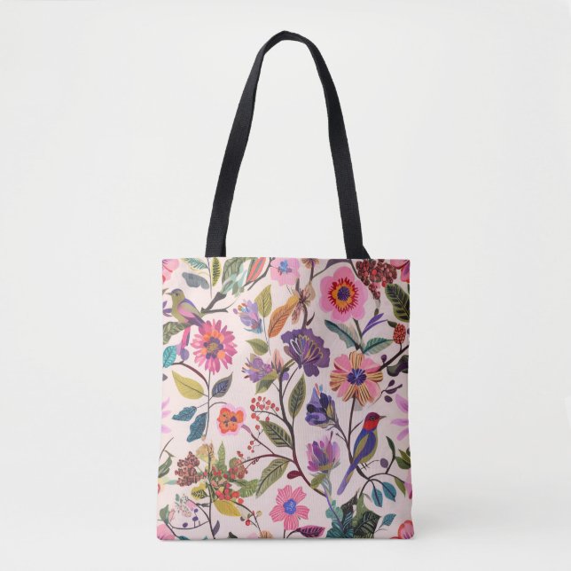Colorful Floral & Bird Pattern Tote Bag |Artistic  Tasche (Vorderseite)