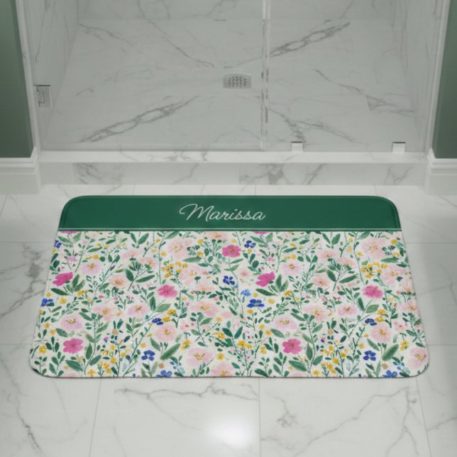 Colorful Floral Personalized  Badematte (elegant colorful floral wildflower personalized bath mat with monogram name in script)