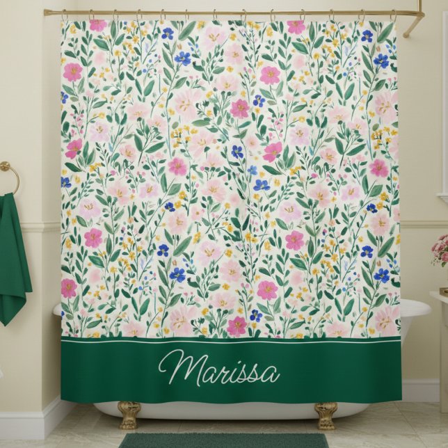 Colorful Floral Personalized Duschvorhang (elegant colorful floral wildflower shower curtain with forest green monogram in script)