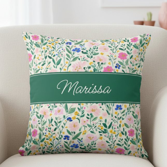 Colorful Floral Personalized Throw Pillow Kissen (fun colorful floral garden throw pillow with monogram name in elegant calligraphy script)