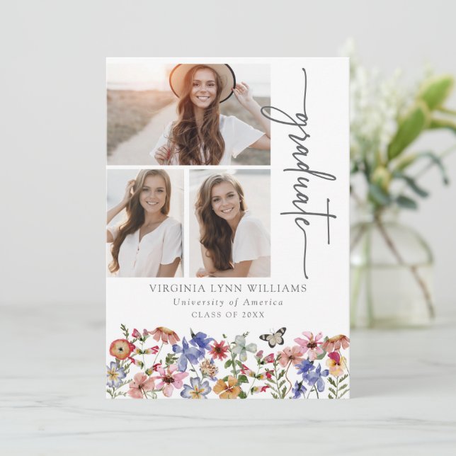 Colorful Floral Photo Graduation Faire-part (Debout devant)
