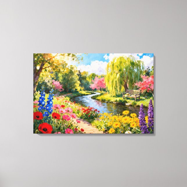 Colorful Flower Garden River Spring Landscape Art Leinwanddruck (Vorderseite)