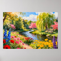 Colorful Flower Garden River Spring Landscape Art