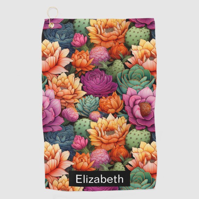 Colorful Flowering Cactus Personalized Golfhandtuch (Vorderseite)