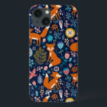 Colorful Flowers & Foxes Pattern Case-Mate iPhone Hülle<br><div class="desc">Colorful retro flowers cute birds and red foxes cartoon style illustration dark dark blue background color you can change</div>