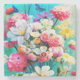Colorful Flowers  on Teal Steinuntersetzer