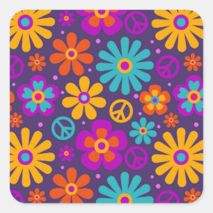 Colorful Flowers Peace Love Groovy Retro Hippie Quadratischer Aufkleber