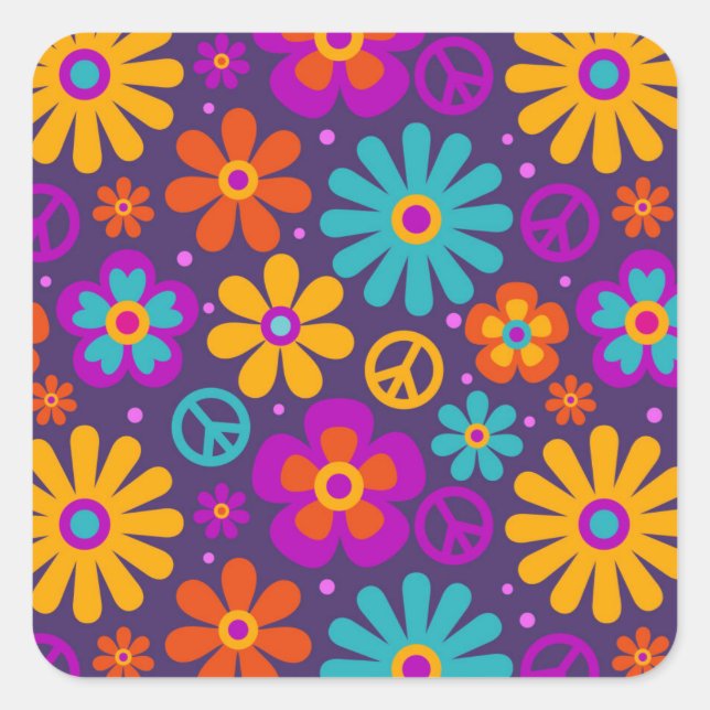 Colorful Flowers Peace Love Groovy Retro Hippie Quadratischer Aufkleber (Vorderseite)