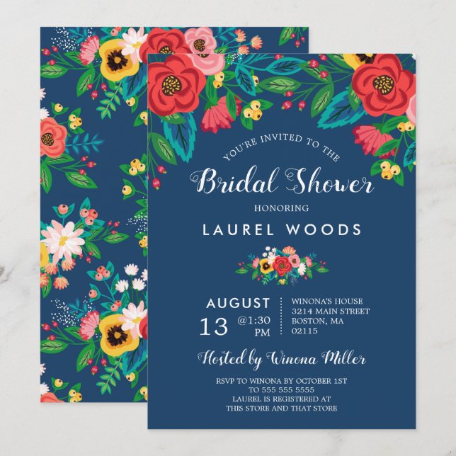 Colorful Folk Bouquets - Boho Blue Brautparty Einladung (Vorne/Hinten)