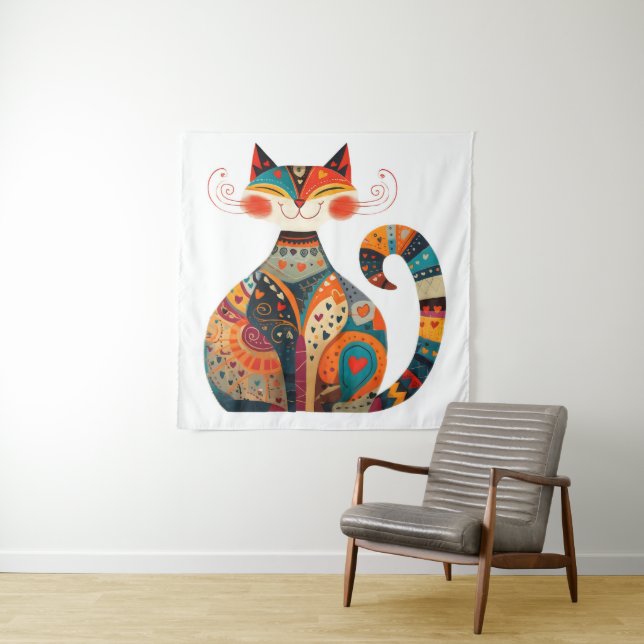Colorful Folk Cat Wandteppich (Beispiel)