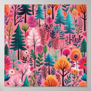 Colorful forest floral original digital painting poster