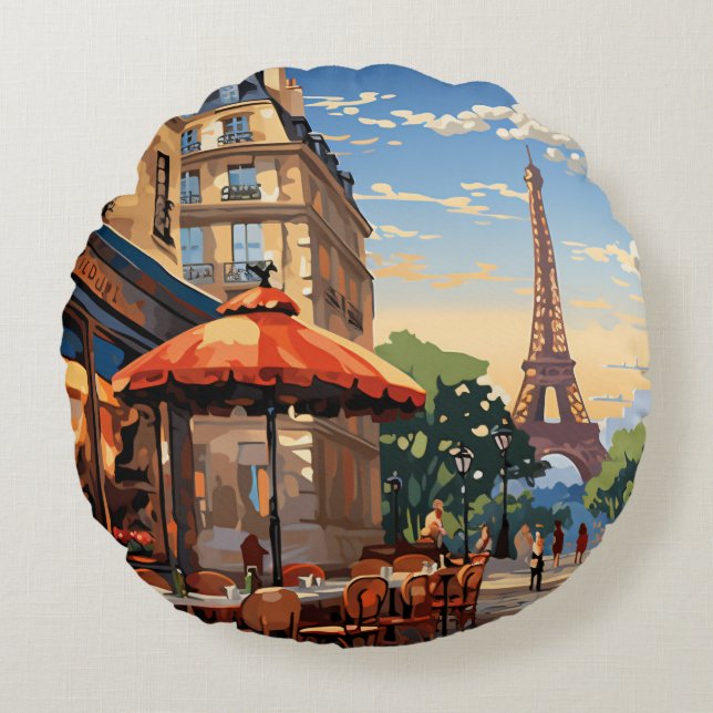 Colorful French Cafe Eiffel Tower Paris France Rundes Kissen (Vorderseite)