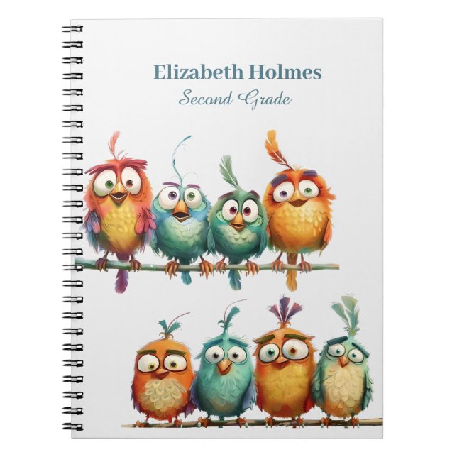 Colorful Funny Quirky Birds School Notizblock (Vorderseite)