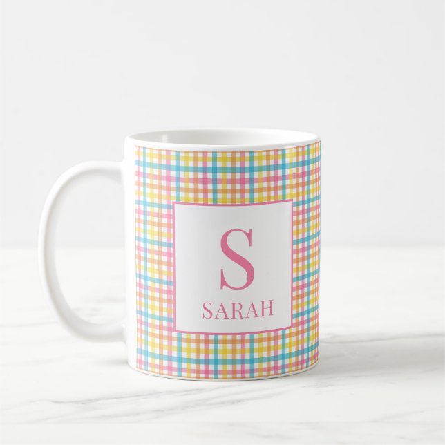 Colorful Gingham Check Custom Name Initial Mug (Gauche)