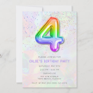 Colorful Girl's 4th Birthday Balloon Party Einladung