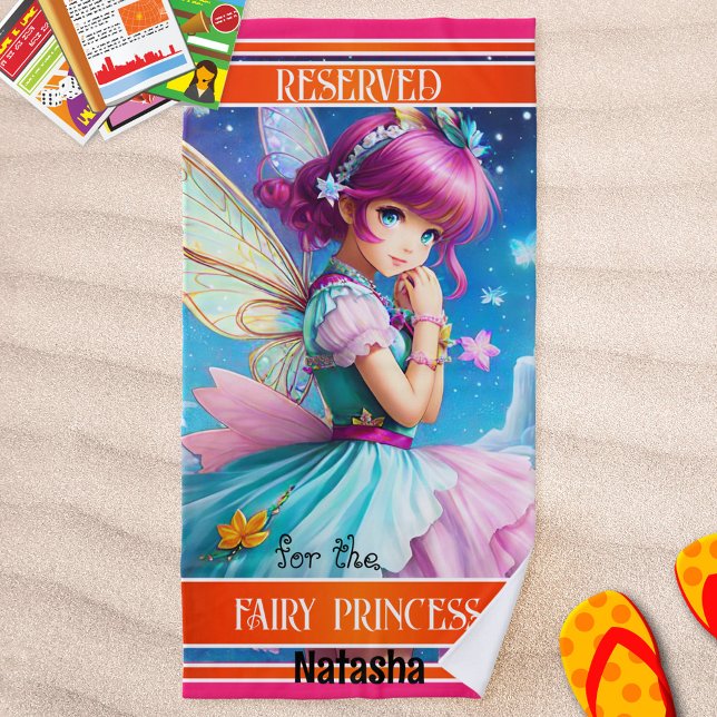 Colorful Girly Fairy Princess Strandtuch (Beach towel with a modern design with a fairy princess in bright colors with orange and pink stripes)