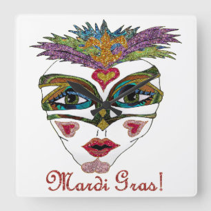 Colorful Glitter Feather Mask Quadratische Wanduhr
