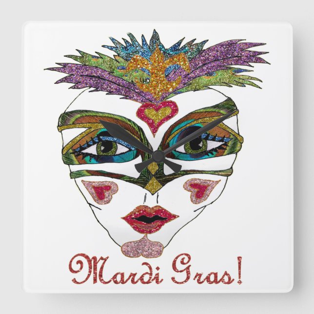 Colorful Glitter Feather Mask Quadratische Wanduhr (Vorderseite)