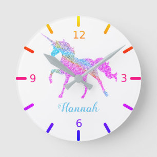 Colorful Glitter Speckled Magical Unicorn Runde Wanduhr