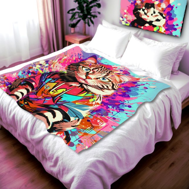 Colorful Graffiti Cat Ein Burst der Felinischen Kü Fleecedecke (Vibrant colorful graffiti cat blanket)