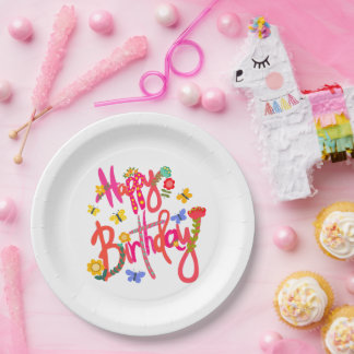 Colorful Happy Birthday Floral & Butterfly Party Pappteller
