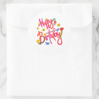 Colorful Happy Birthday Floral & Butterfly Party Runder Aufkleber