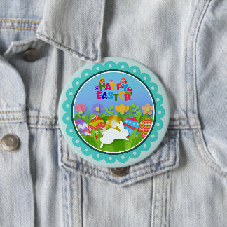 Colorful Happy Easter – Cute Bunny and Eggs Button