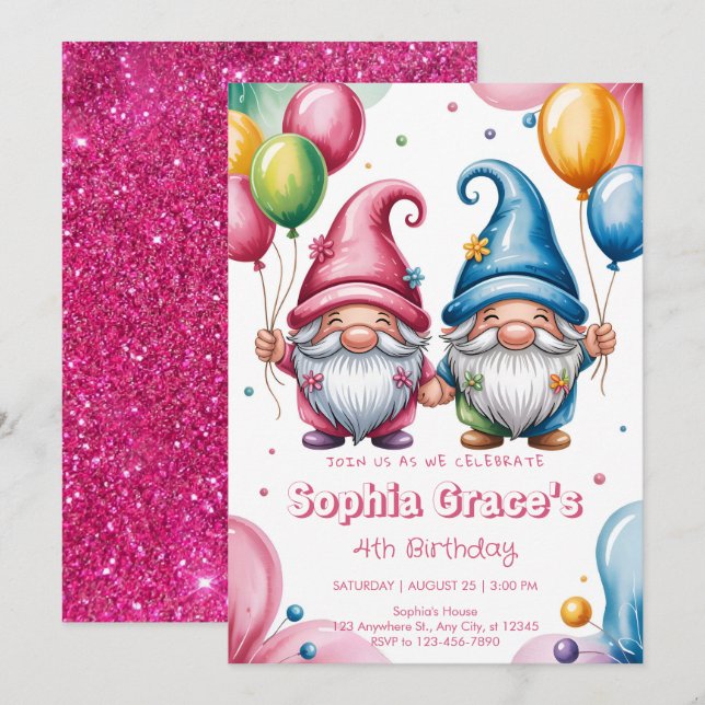 Colorful happy gnomes with balloons einladung (Vorne/Hinten)