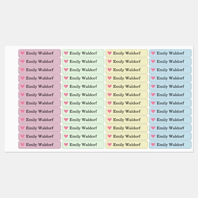 Colorful Heart Kids' Name Clothing School Labels Etiketten (Blatt)