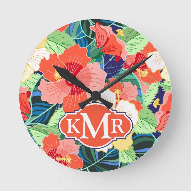 Colorful Hibiscus Pattern | Monogram Runde Wanduhr (Vorderseite)