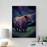 Colorful Highland Cow In The Grass At Night Leinwanddruck<br><div class="desc">Colorful Highland Cow In The Grass At Night Canvas Print. Beautiful modern cow in a rural pasture at night surrounded by stars.</div>