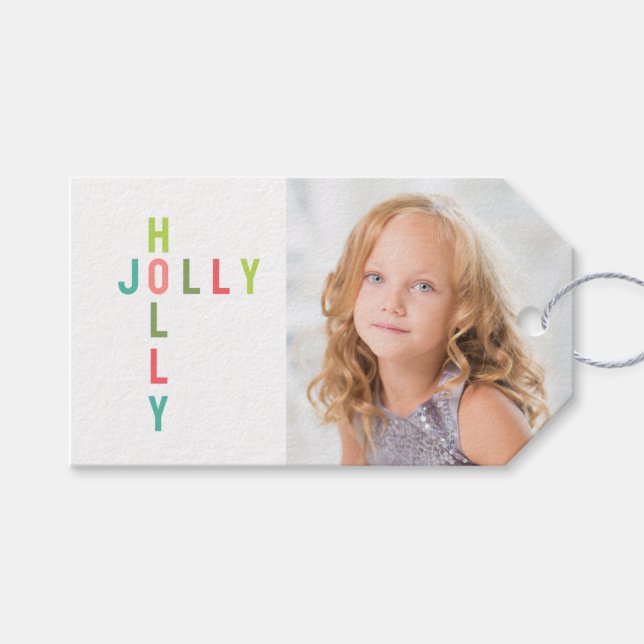 Colorful Holly Jolly Foto Geschenkanhänger (Vorderseite (Horizontal))