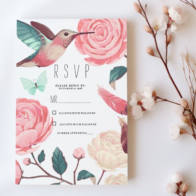 Colorful Hummingbird Floral Spring RSVP Einladung (Colorful Hummingbird Floral Spring RSVP)