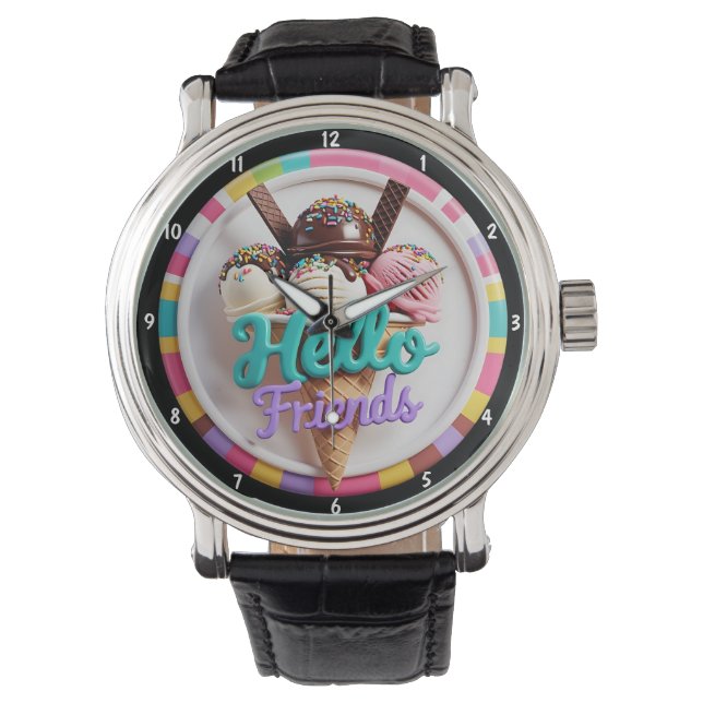 Colorful Ice Cream Fun Sprinkles Friendly Message Armbanduhr (Vorderseite)