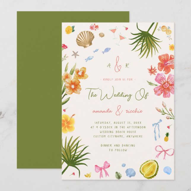 Colorful Island Whimsical Beach Tropical Wedding Einladung (Vorne/Hinten)