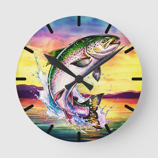 Colorful Jumping Rainbow Trout Clock Runde Wanduhr (Vorderseite)