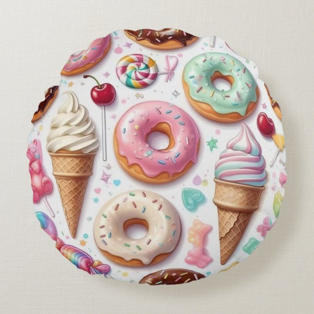 Colorful Kawaii Dessert Pattern Rundes Kissen (Vorderseite)