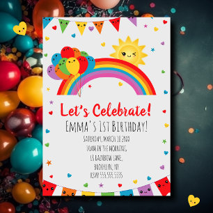 Colorful Kawaii Kids Rainbow Birthday Party Einladung