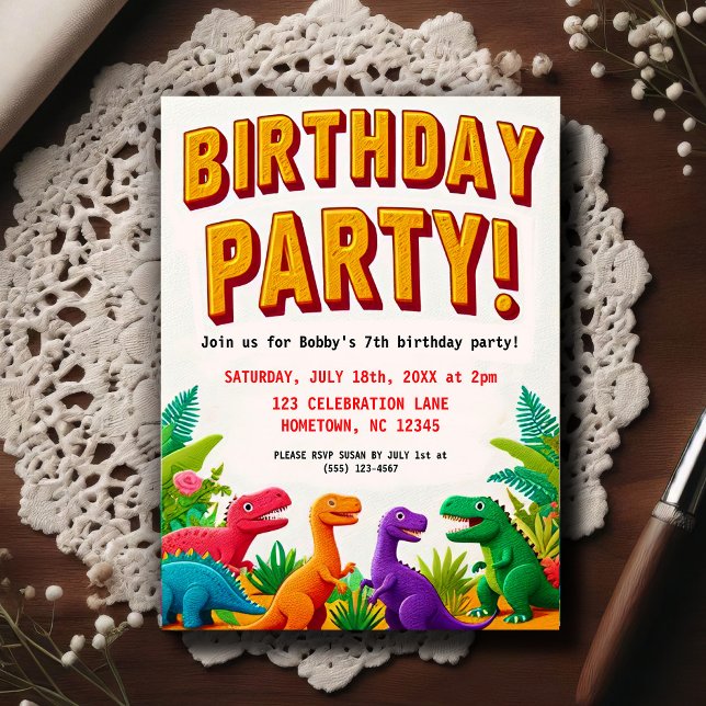 Colorful Kid's Dinosaur Birthday Party  Postkarte (Von Creator hochgeladen)