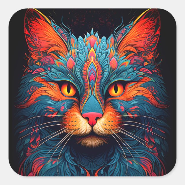 Colorful Kitty Cat Animal Psychedelic Fantasy Art Quadratischer Aufkleber (Vorderseite)