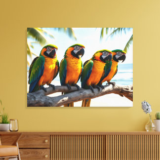Colorful Macaw Parrots By Beach Bird Art Leinwanddruck