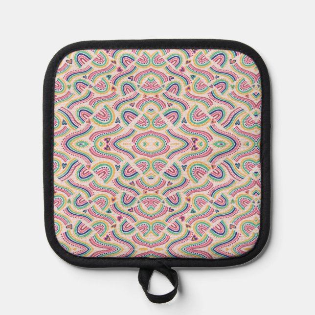 Colorful mandala-patterned pot holder with black  topflappen (Vorderseite)