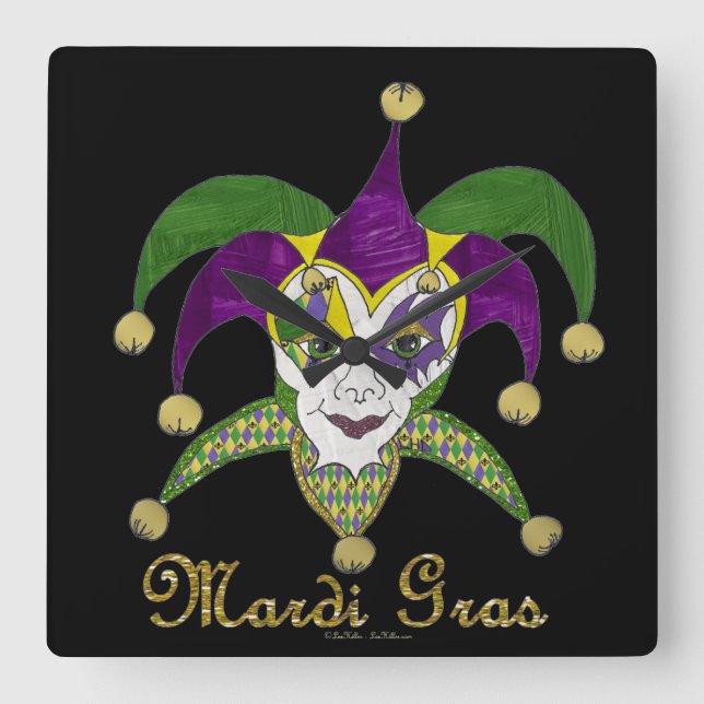 Colorful Mardi Gras Jesters Mask Quadratische Wanduhr (Vorderseite)