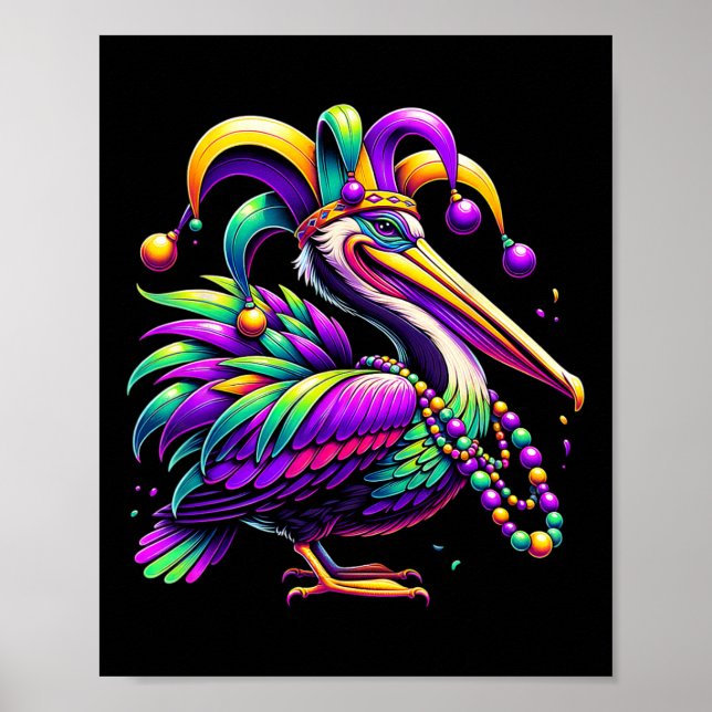 Colorful Mardi Gras Pelican Louisiana Jester Hat B Poster (Vorne)