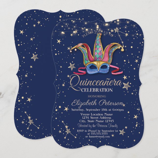 Colorful Masque Navy Blue Stars Quinceañera Einladung (Vorne/Hinten)